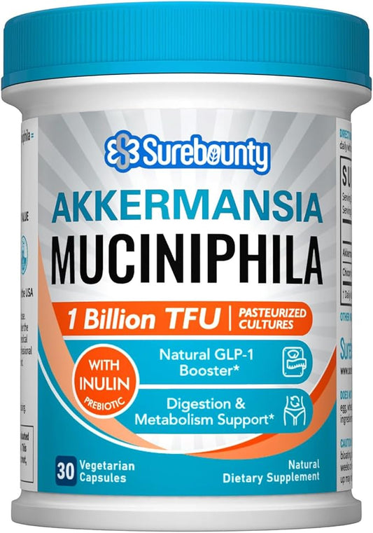 Akkermansia Probiotic GLP-1, 1 Billion TFU, Akkermansia Muciniphila with Prebiotic Inulin Fiber, Gut Health for Men & Women, Vegan, Non-GMO, 30 Caps