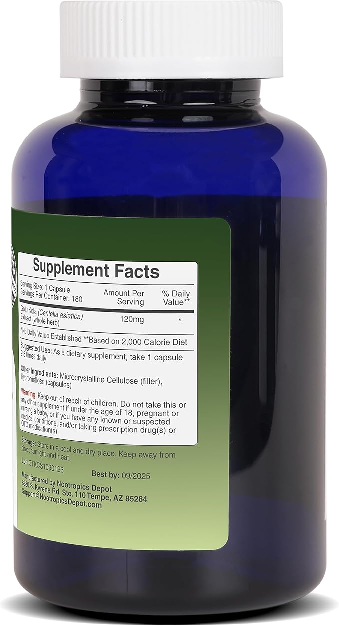 Nootropics Depot Gotu Kola Extract Capsules | 120mg | 180 Count | Acid Resistant | Centella asiatica | 35-45% Triterpenes | Supports Healthy Stress Levels | Promotes Memory Enhancement