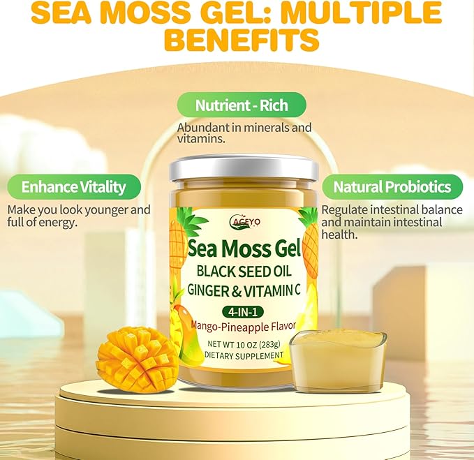ACEYO Sea Moss Gel - Wildcrafted Irish Sea Moss with Black Seed Oil & Ginger,Rich in Minerals & Vitamins,Immunity & Health Support,Non-GMO, Vegan,Mango Pineapple Flavor,10 oz (Pack of 1)