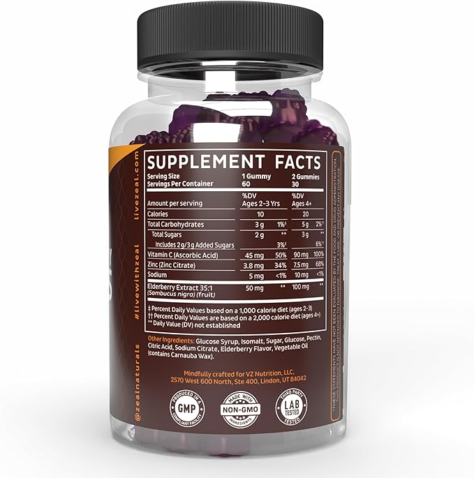 Zeal Sambucus Elderberry Gummies + Zinc + Vitamin C - Daily Supplement for Children & Adults - Easy to Chew Vitamin Gummies - 100 mg Max Serving of Elderberry - 60 Count