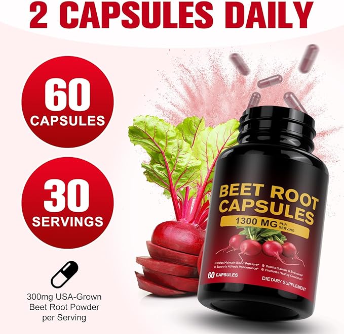 Beetroot Capsules, 100% Pure Natural 1300mg Beetroot Extract Capsules for Helping Maintain Blood Pressure-Non GMO, Veagn Friendly-Support Supplement