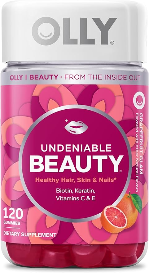 OLLY Undeniable Beauty Gummy, for Healthy Hair, Skin & Nails,* Biotin, Vitamins C & E, Keratin, Chewable Supplement, Grapefruit Flavored, 60 Day Supply - 120 Count