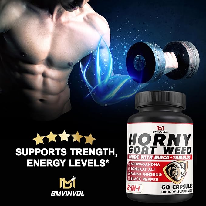 BMVINVOL Horny Goat Weed Capsules with Panax Ginseng, Tribulus, Ashwagandha, Maca, Tongkat Ali, Nettle, Black Pepper - 60 Capsules