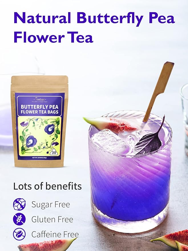 TeeLux Butterfly Pea Flower Tea Bags - Premium Dried Butterfly Pea Flower for Blue & Purple Drinks and Food Coloring, 30 Tea Bags