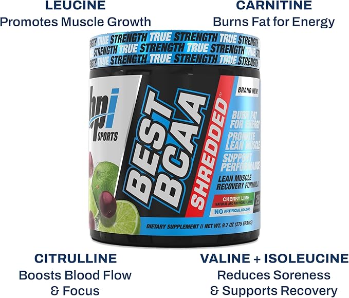 BPI Sports Best BCAA Shredded - Caffeine Free Thermogenic Recovery Drink, Lean Muscle Building BCAA Powder for Women and Men, Preworkout BCAAs Amino Acids Drink- Cherry Lime - 25 Servings