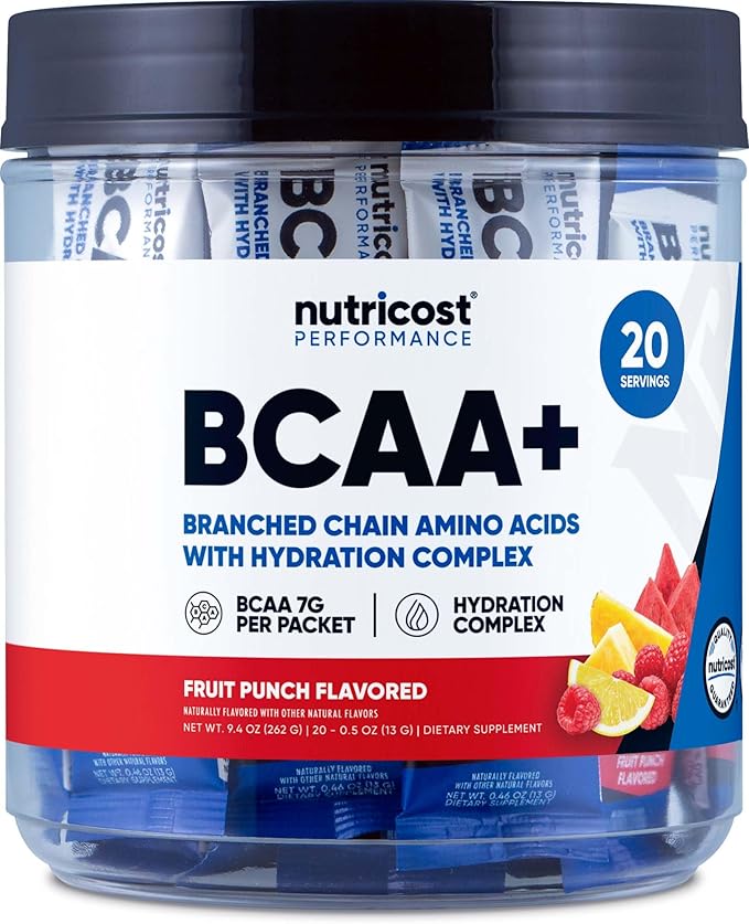 Nutricost BCAA+ Hydration Fruit Punch Flavor (20 Stickpacks) - Branched Chain Amino Acids with Hydration Complex - Gluten-Free, Non-GMO