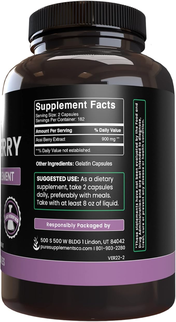 PURE ORIGINAL INGREDIENTS Acai Berry (365 Capsules) No Magnesium Or Rice Fillers, Always Pure, Lab Verified