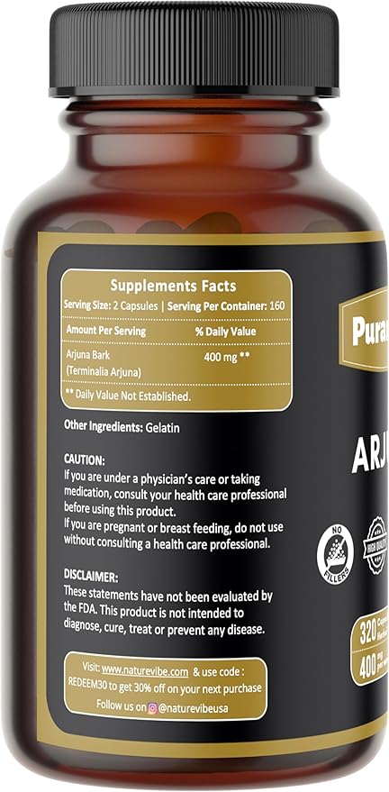 Arjuna Premium 320 Capsules Non GMO and Gluten Free | Herbal Supplement | 400 mg Per Serving | Made with 100% Pure Herb Arjuna Powder