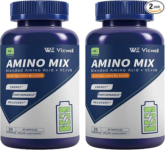 Amino Acid, Supports Muscle Recovery and Lean Muscle Growth, Enhances Energy and Endurance, Contains Essential Amino Acids and BCAAs, 180 Capsules (2 Bottles)