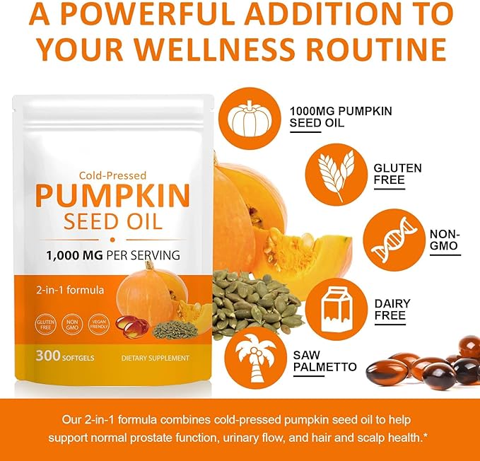 Pumpkin Seed Oil Capsules, 2-in-1 Formula with Saw Palmetto for Hair, 1000mg 300Softgels Rich in Fatty Acids | Supports Hair Heart