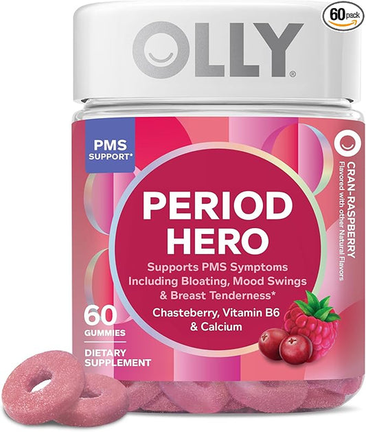 OLLY Period Hero Gummies, PMS Support Supplement,* Chasteberry, Vitamin B6, Calcium, Cran-Raspberry Flavor, 30 Day Supply - 60 Count