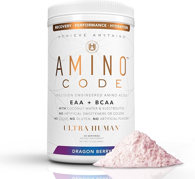Ultra Human Amino Code | Essential Amino Acids + BCAAs + Coconut Water Electrolytes | Fast Hydration Workout Recovery Flavored Amino Energy Powder Drink | Clean Formula, 40 Servings - Dragonberry