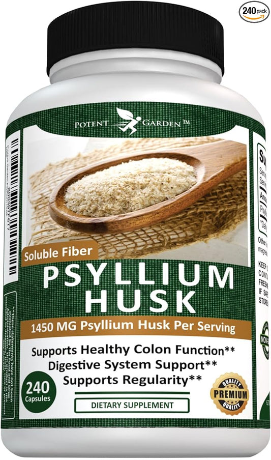 Potent Garden Psyllium Husk Capsules All Natural & Powerful Soluble Dietary Fiber Supplement Helps Support Regularity & Digestion, 240 Caps