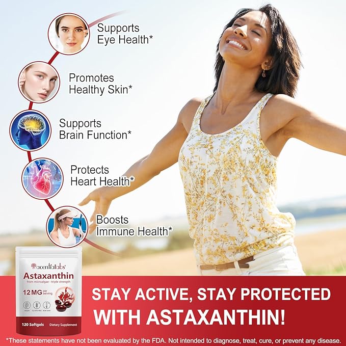 Astaxanthin Supplements 12mg 120 Softgels, Premium Astaxanthin Antioxidant Supplement, Supports Eye, Skin, Joint, Brain, Heart & Immune System Health, Fresh Microalgae Source, Non-GMO & No Gluten