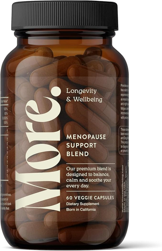 More. Longevity & Wellbeing Menopause Support Supplements for Women | Vegan, Hormone-Free & Gluten-Free | Natural Extracts for Hot Flashes, Night Sweats & Hormonal Balance – 60 Caps