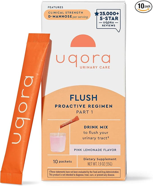 Uqora Flush - Urinary Tract* with D-Mannose, Vitamin C, Vitamin B6, Potassium, Magnesium & Calcium - Gluten-Free & Vegan - Pink Lemonade Flavor - 10 Packets (1 Pack)