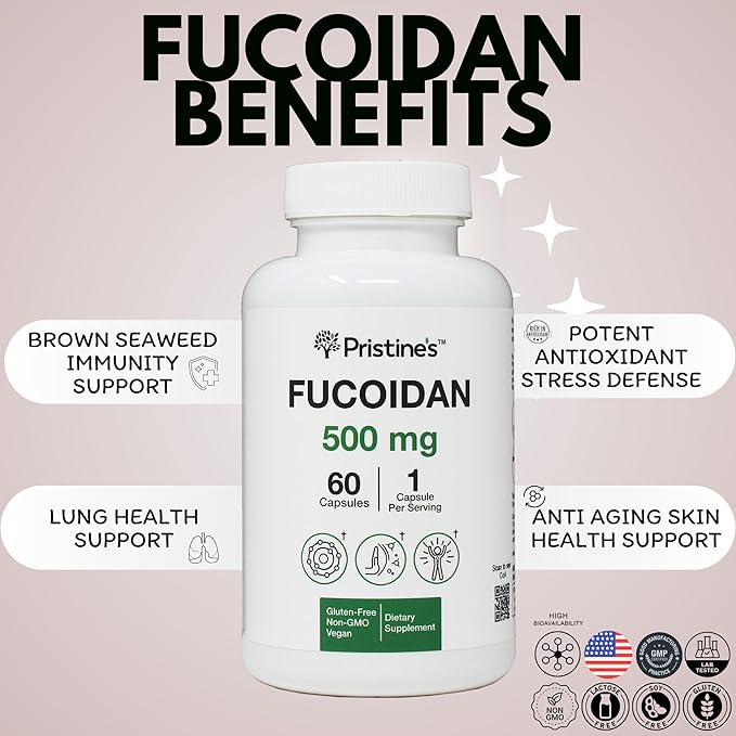 PRISTINE'S Fucoidan 500MG Immunity Supplement Capsules - 60 Day Supply - Brown Seaweed Extract - Potent Herbal Antioxidant Lung Health & Skin Health Support