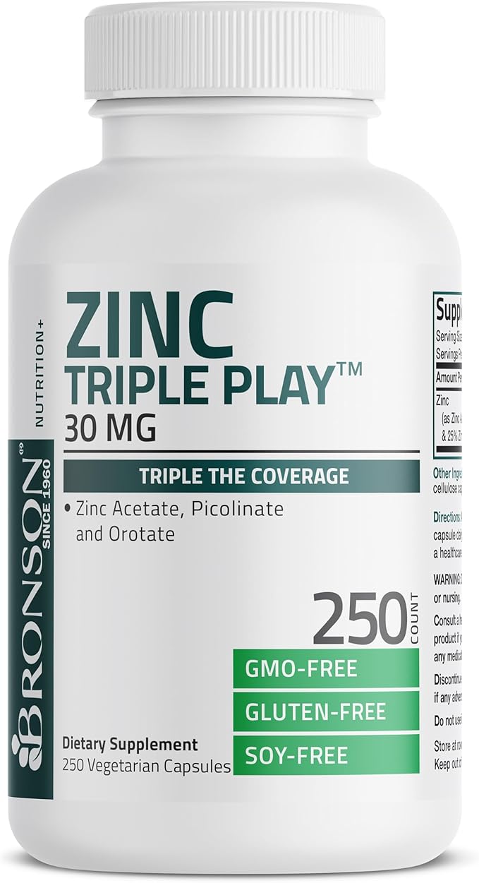 Bronson Zinc Triple Play 30mg Triple Coverage Immune Support with Zinc Acetate, Picolinate & Orotate - Immune, Antioxidant & Skin Health Support - 250 Vegetarian Capsules