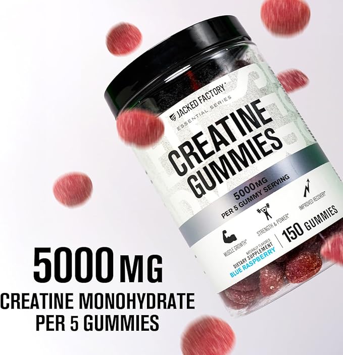 Jacked Factory Creatine Monohydrate Gummies 5g Daily Dose (1g per Gummy) - Creatine Gummy for Men and Women, Vegan-Friendly, Travel-Friendly, Third-Party Tested - 150 Gummies, Blue Raspberry
