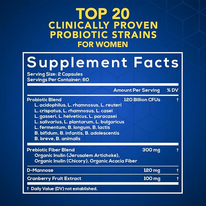 Probiotic for Women - Vaginal, Gut, UT, pH Balance, Feminine & Digestive Health - Prebiotics with Probiotics, Cranberry, D-mannose - Bifidobacterium and Lactobacillus - 120 Capsules