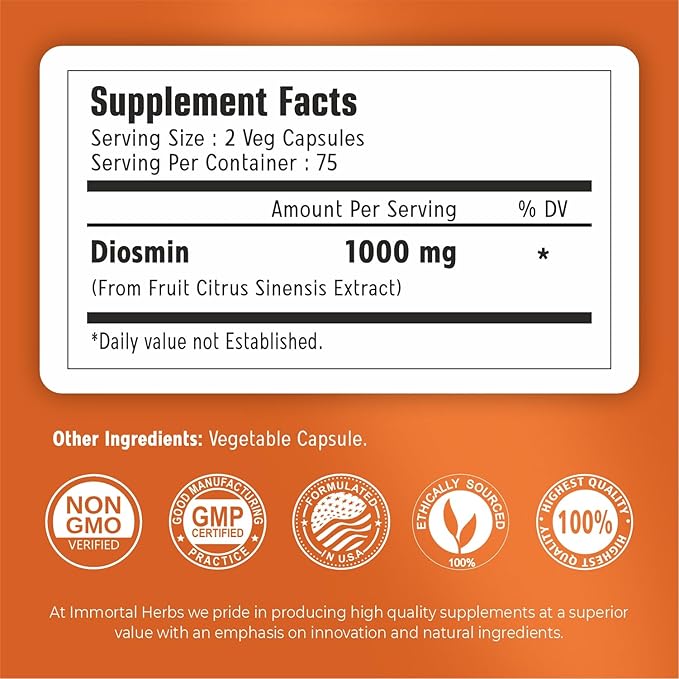 Pure Diosmin 1000mg Complex Formula, 150 Capsules, Citrus Bioflavonoids Rich Fruit Extract, 100% Vegetarian, Non-GMO & Gluten Free Diosmin Supplement