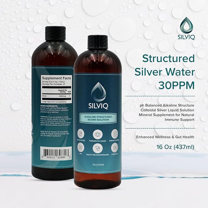 Structured Silver Water 30PPM - ph Balanced Alkaline Structure Silver Liquid Solution Mineral Supplement for Natural Immune Support - Enhanced Wellness & Gut Health - 16 Oz (437ml)