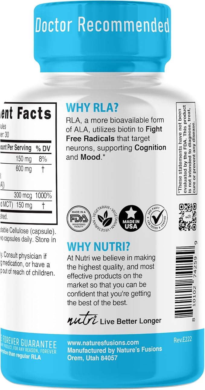Nutri R Alpha Lipoic Acid 600mg Capsules - R Lipoic Acid Stabilized with Biotin - Active Form of R-ALA - 600 mg Clinical Dosage - Powerful Cellular Energy Support - 60 Vegan Capsules - RALA