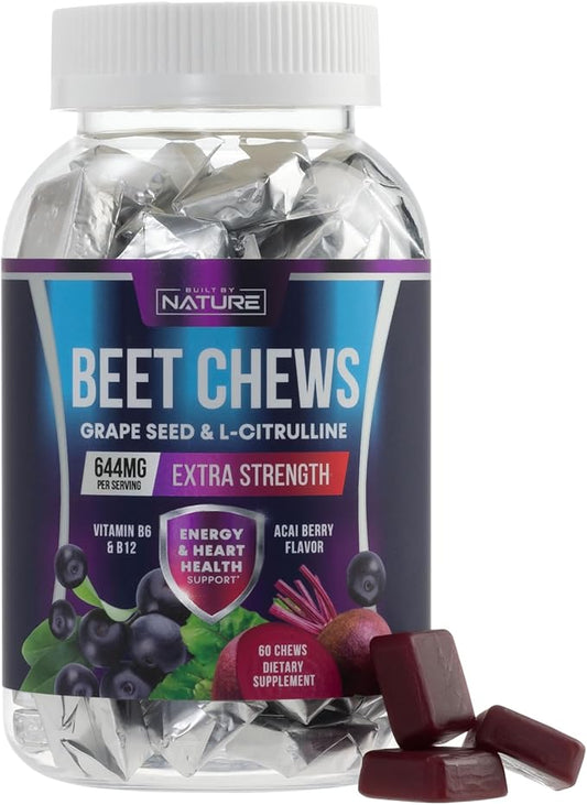 Built by Nature Heart Chews, Beet Root Nitric Oxide Blood Pressure Support, Grape Seed Extract & Non-GMO Beetroot Powder Energy Chews, Beets Heart Gummy Chews, Acai Berry Flavor, 60 Gummies