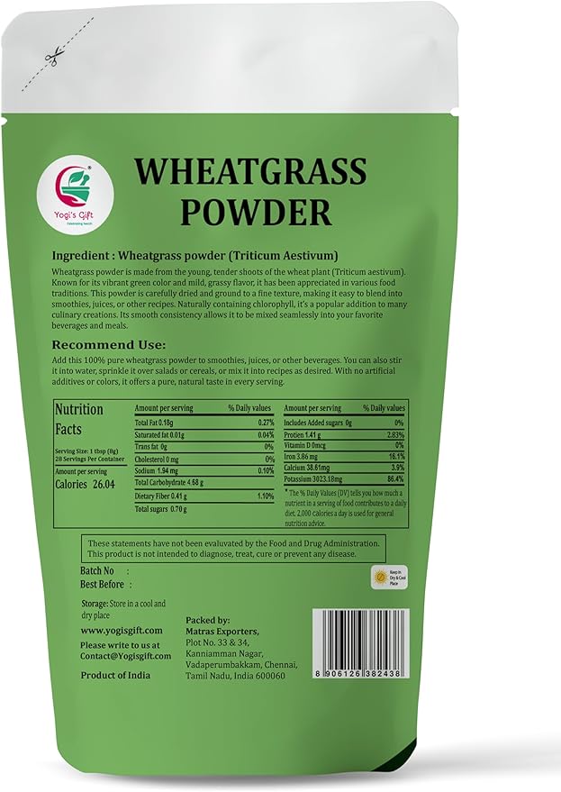 Wheatgrass Powder 8 oz – Pure & Natural Wheat Grass Powder – Finely Ground Wheatgrass for Juices, Smoothies & Health Drinks – by Yogi’s Gift®