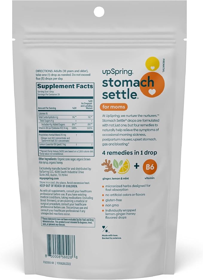 UpSpring Stomach Settle for Moms Drops for Occasional Morning Sickness with Ginger, Lemon, Spearmint, and B6. Individually Wrapped Drops, 28 Ct(Packaging May Vary)