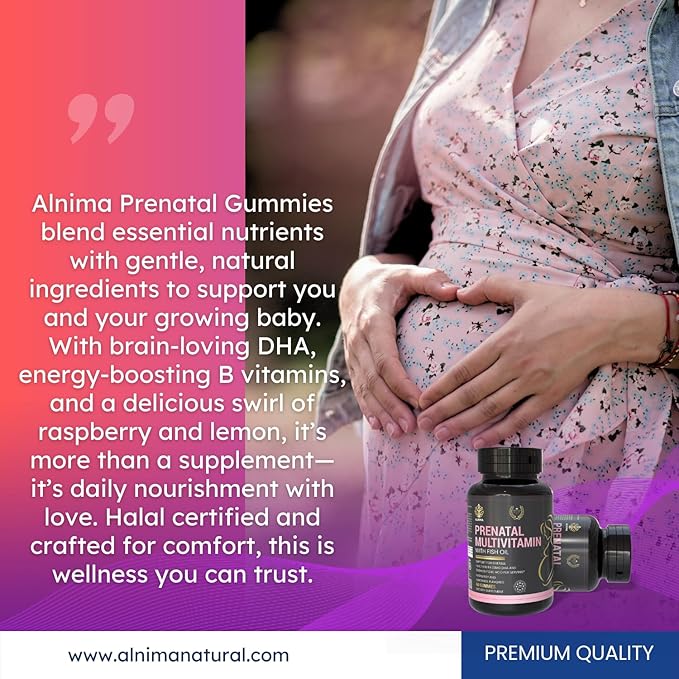 Prenatal Multivitamin with DHA & EPA – Omega-3 Fish Oil Gummies for Pregnancy – Halal Certified – Raspberry & Lemon Flavor – 60 Count – Made in USA