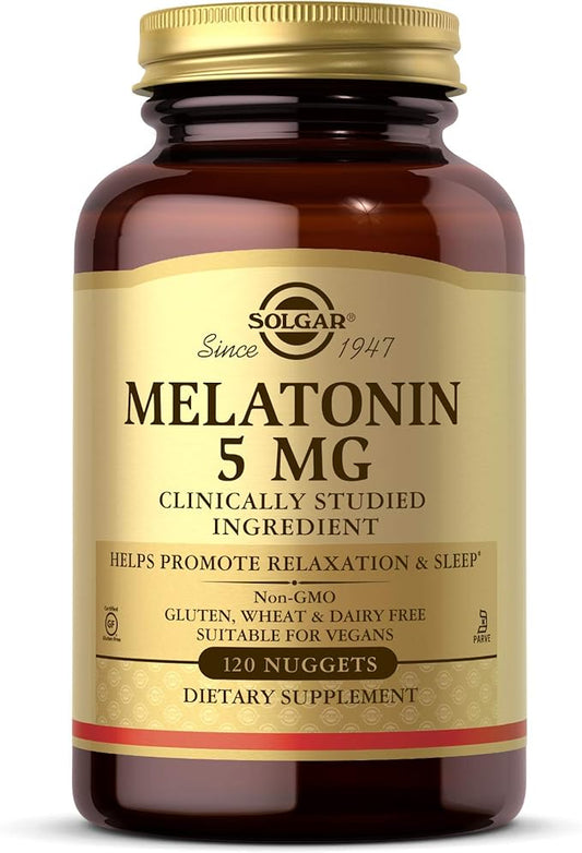 Solgar Melatonin 5 mg, 120 Nuggets - Helps Promote Relaxation & Rest - Clinically Studied Melatonin - Vegan, Gluten Free, Dairy Free, Kosher - 120 Servings