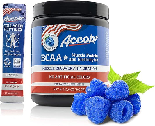 BCAA Powder Blue Raspberry-Pre or Post Workout,Muscle Recovery Drink with Amino Acids + Electrolytes,7,2g BCCAs for Men and Women-30 Servings +10g of Collagen Peptides