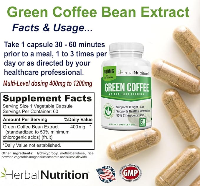Herbal Nutrition BOGO Pure Green Coffee Bean Extract, Two Bottle Pack, 120 Capsules, Multi-Level Dosing 400mg - 1200mg Per Serving, 50% Chlorogenic Acid. Weight Loss & Cleanse Supplement