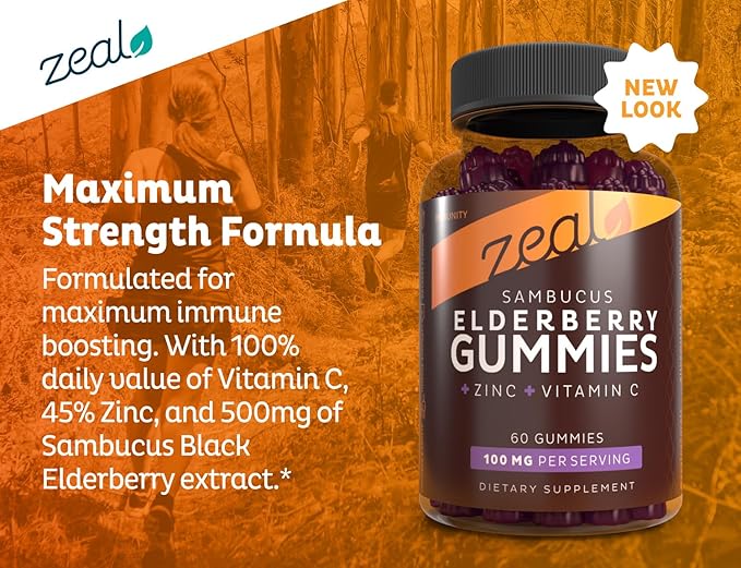 Zeal Sambucus Elderberry Gummies + Zinc + Vitamin C - Daily Supplement for Children & Adults - Easy to Chew Vitamin Gummies - 100 mg Max Serving of Elderberry - 60 Count
