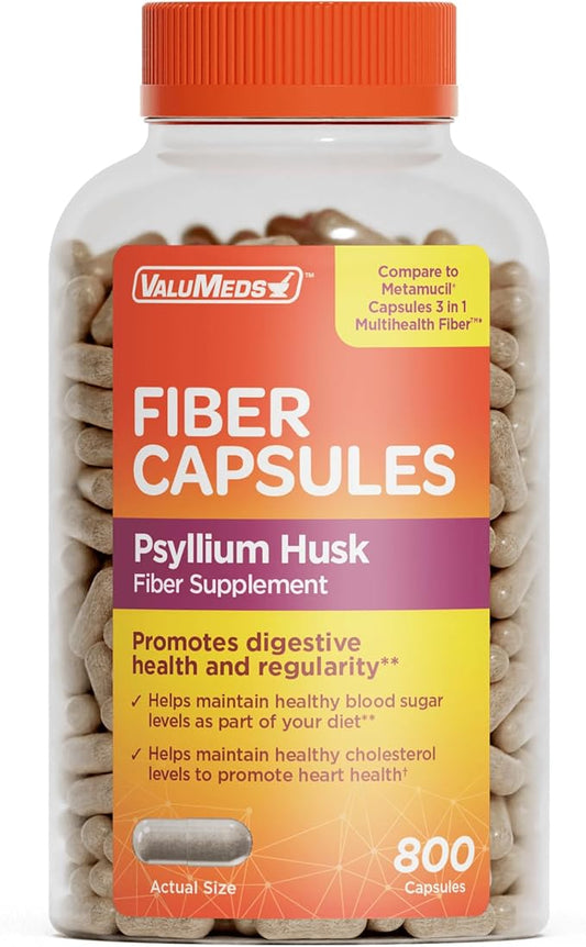 ValuMeds Psyllium Husk Daily Fiber 520mg Capsules Nurtitional Supplement Soluble Dietary Colon Support, Sugar Free for Adults (Men and Women) (800 Count)