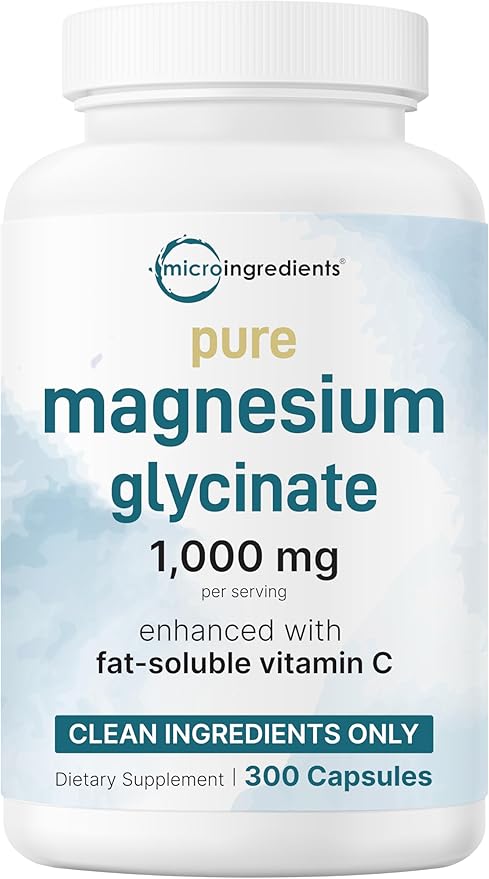 Pure Magnesium Glycinate 1,000mg, 300 Capsules | 100% Chelated for Max Absorption | Support for Sleep, Muscle, Heart & Nerve Health | Enhanced with Vitamin C | Only Uses Active Ingredients
