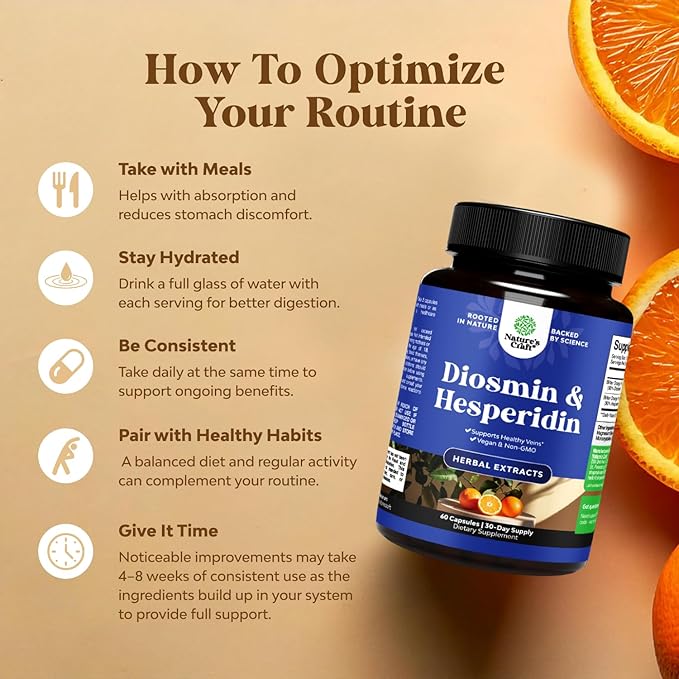 Diosmin Hesperidin 1000mg Complex for Adults - Bitter Orange Supplement for Varicose Veins Support, Leg & Feet Blood Health - Diosmin & Hesperidin Supplements from Citrus Aurantium - 60 Count