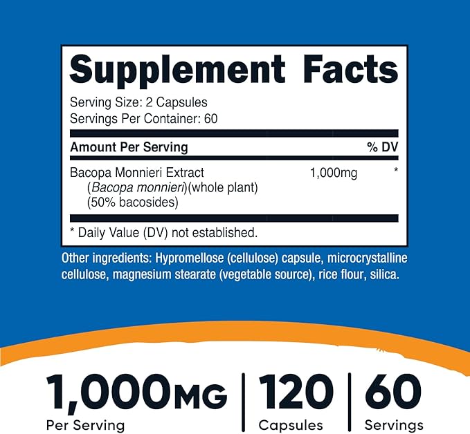 Nutricost Bacopa Monnieri 1,000mg, 120 Capsules (60 Servings) - Non-GMO, Gluten Free, and Vegetarian Friendly