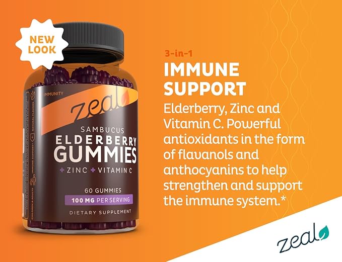 Zeal Sambucus Elderberry Gummies + Zinc + Vitamin C - Daily Supplement for Children & Adults - Easy to Chew Vitamin Gummies - 100 mg Max Serving of Elderberry - 60 Count