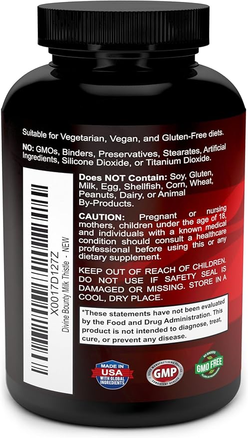 Divine Bounty Pure Milk Thistle Capsules Supplement - A Potent 1200mg Milk Thistle Supplement with 4X Concentrated Extract (Standardized) 120 Vegetarian Capsules