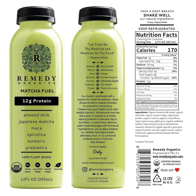 Remedy Organics Matcha Fuel 12-Pack | Plant Based Protein Shakes, Ready to Drink | USDA Organic, Gluten Free, Dairy Free, Soy Free