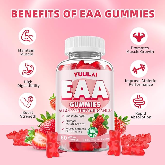 Pack of 2 EAA Gummies Essential Amino Acids - All 9 Essential Aminos (EAA) and All Branched-Chain Aminos (BCAAs) for Muscle Recovery, Energy Support, Strawberry Flavor, 120 Count