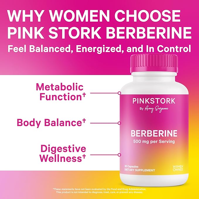 Pink Stork Berberine 500mg - Nature's GLP-1 Supplement - Daily AMPK Metabolic Activator - 500-1000 mg Metabolism + Gut Health for Women | Third-Party Tested | Vegan | Non-GMO| 30 Capsules