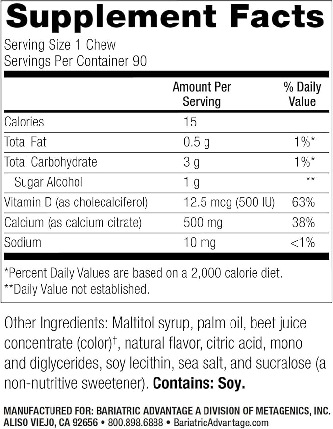 Bariatric Advantage Calcium Citrate Chewy Bites 500 mg - Highly Absorbable & Digestible - Vitamin D3 - Easily Chewable Calcium Supplement - Raspberry Flavor - 90 Count