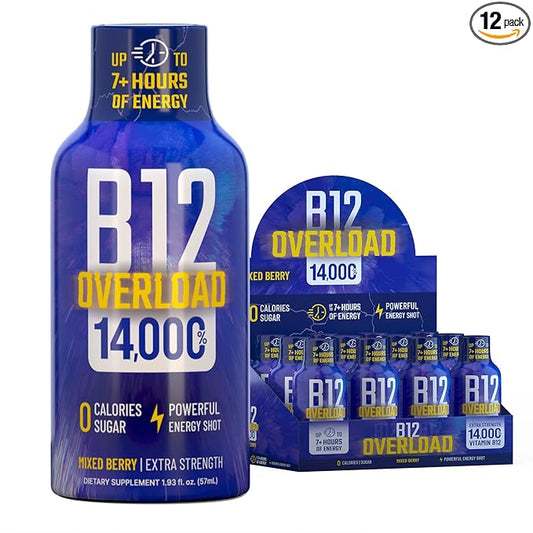 B12 Overload Extra Strength Energy Shot – Mixed Berry – 260mg Caffeine, 14000% B12, Electrolytes – Energy & Vitality Support – Zero Sugar No Calories – Vegan, Kosher, Gluten-Free – 1.93 fl oz, 12-Pack