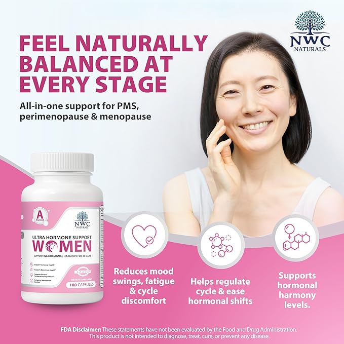 NWC Naturals Ultra-Hormone Support Formula A – Hormone Harmony for Women & Foundational Hormone Balance for Women, 180 Capsules – Cycle & Menopause Support with Organic B-Vitamins & Herbal Extracts