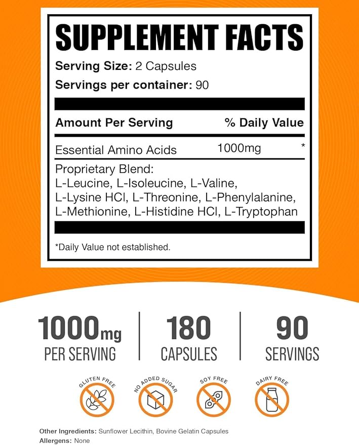 BulkSupplements.com Essential Amino Acids Capsules (EAA) - Amino Acids Supplement - EAAs Amino Acids - EAA Capsules - 1000 mg Serving - 90 Day Supply (180 Gelatin Capsules)