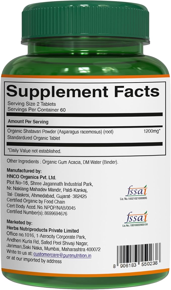 Pure Nutrition Organic Shatavari Tablets - 1200mg | 120 Count | USDA Organic | Promotes hormonal Balance & Female Reproductive Health | Non-GMO | Gluten-Free