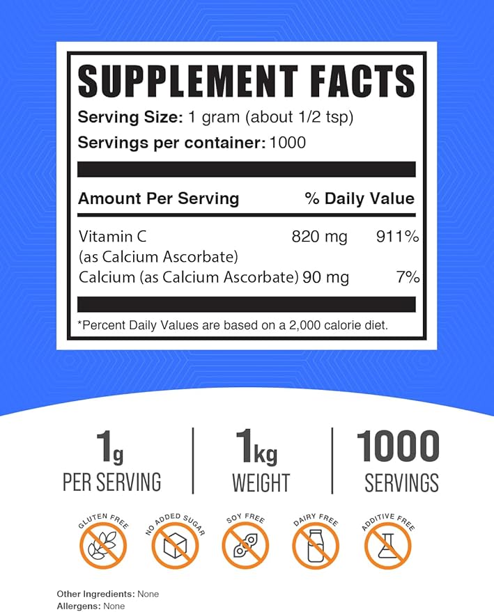 BulkSupplements.com Calcium Ascorbate Powder - Buffered Vitamin C, Calcium Supplement with Vitamin C - Gluten Free, 1g per Serving, 1kg (2.2 lbs) (Pack of 1)